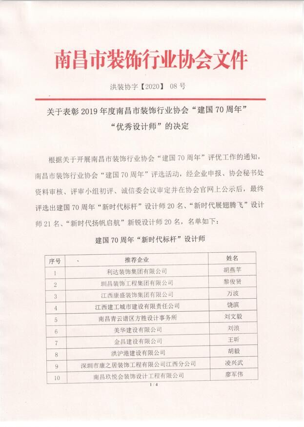 关于表彰2019年度南昌市装饰行业协会“建国70周年优秀设计师”的决定